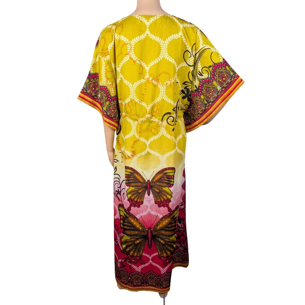 Jovie Butterfly Maxi Kaftan Dress OSFM Sunset Pink Yellow Drawstring Waist EUC - Picture 7 of 9